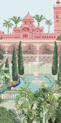 Rollo Fenster mit Schloss und Gartenmotiv