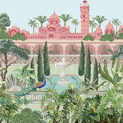 Rollo Fenster mit Schloss und Gartenmotiv