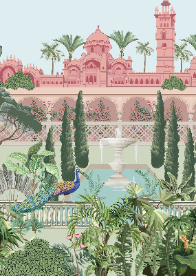 Rollo Fenster mit Schloss und Gartenmotiv