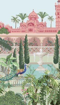 Rollo Fenster mit Schloss und Gartenmotiv