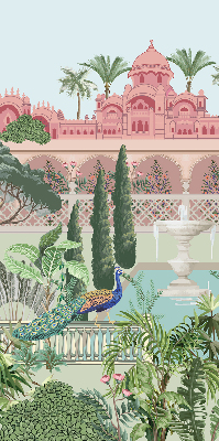 Rollo Fenster mit Schloss und Gartenmotiv
