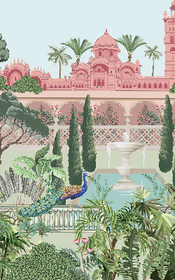 Rollo Fenster mit Schloss und Gartenmotiv