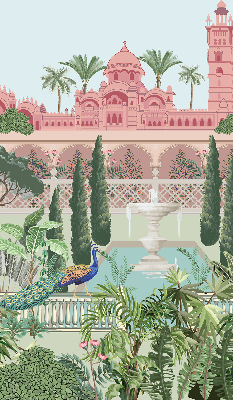 Rollo Fenster mit Schloss und Gartenmotiv