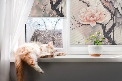 Fensterrollo mit Reiher- und Blumenmotiv