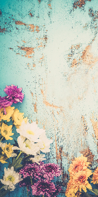 Fensterrollo innen mit Blumenmuster auf blauem Hintergrund