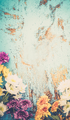 Fensterrollo innen mit Blumenmuster auf blauem Hintergrund