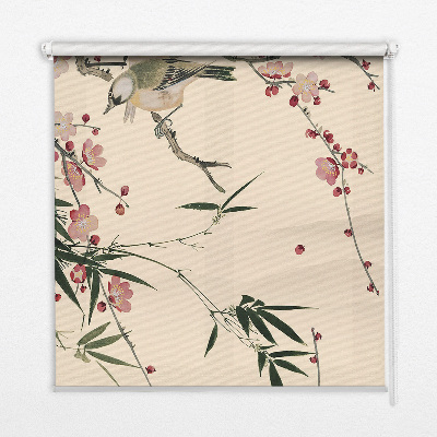 Rollo Fenster mit Kirschblüte und Vogelmotiv