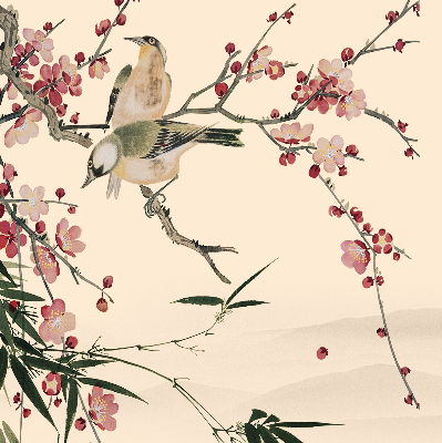 Rollo Fenster mit Kirschblüte und Vogelmotiv