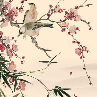 Rollo Fenster mit Kirschblüte und Vogelmotiv