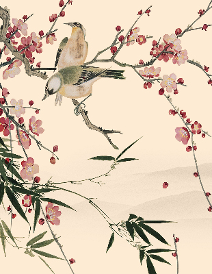 Rollo Fenster mit Kirschblüte und Vogelmotiv