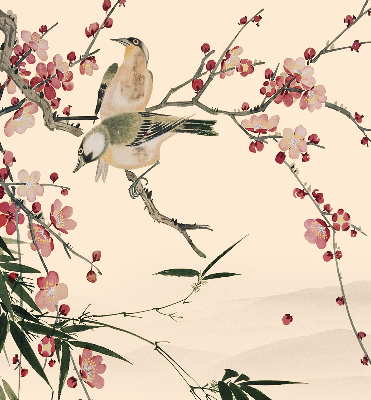 Rollo Fenster mit Kirschblüte und Vogelmotiv