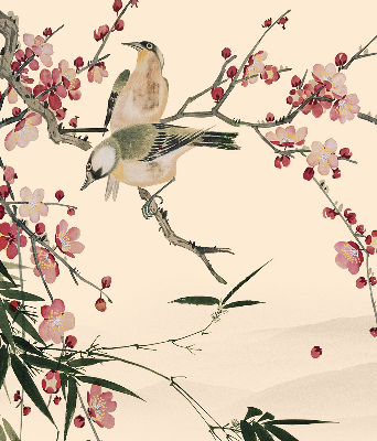 Rollo Fenster mit Kirschblüte und Vogelmotiv