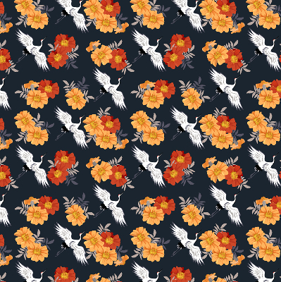 Fensterrollo mit Blumen- und Kranichmotiv