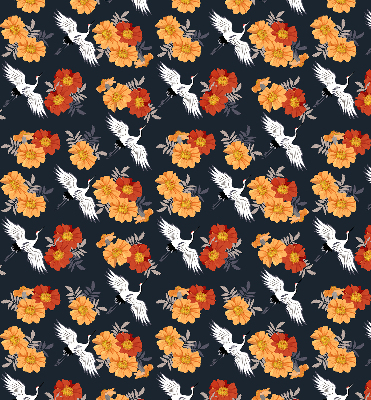 Fensterrollo mit Blumen- und Kranichmotiv