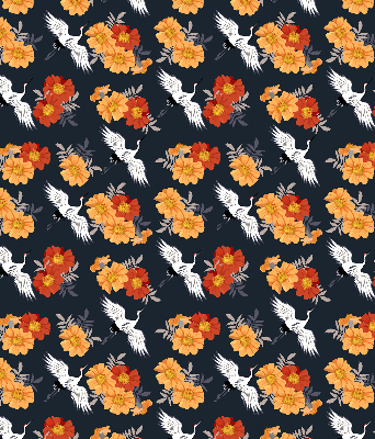 Fensterrollo mit Blumen- und Kranichmotiv