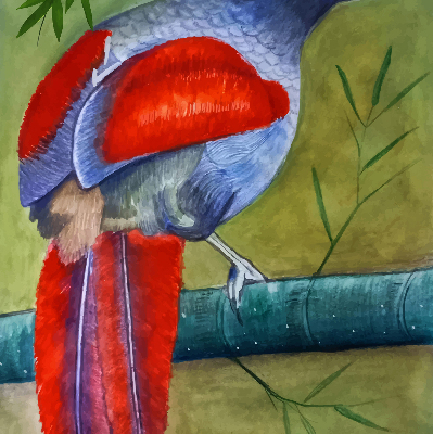 Rollo Fenster mit einem Vogel auf einem Ast