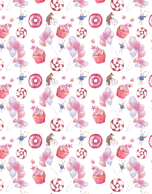 Fenster Rollo mit rosafarbenem Motiv aus Luftballons, Donuts und Häschen