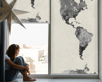 Fenster Rollo in schwarzem Farbton mit Kontinenten-Motiv