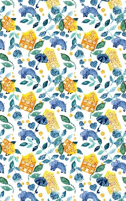 Rollo lichtundurchlässig mit Muster aus gelben Häusern und blauen Pflanzen