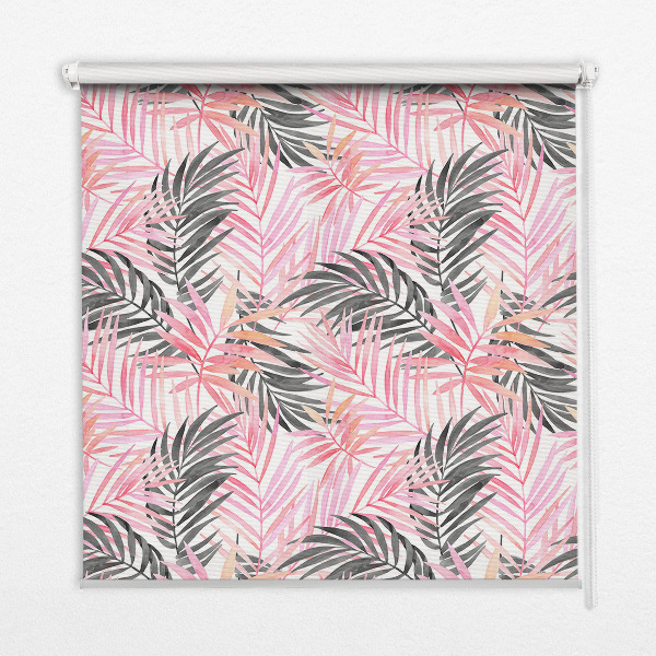 Rollo lichtundurchlässig mit rosa und schwarzen Blättern als Muster
