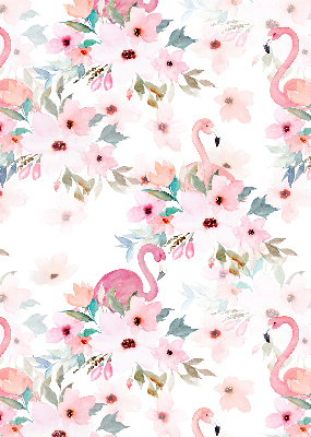 Verdunkelungsrollo mit Flamingos zwischen Blumen als Motiv