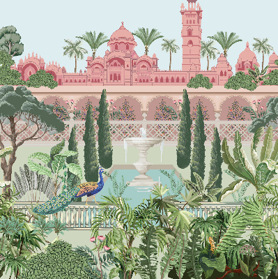 Verdunkelungsrollo mit Schlossmotiv und Gartenbild