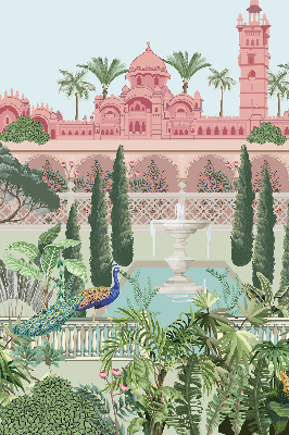 Verdunkelungsrollo mit Schlossmotiv und Gartenbild