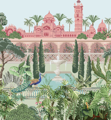 Verdunkelungsrollo mit Schlossmotiv und Gartenbild