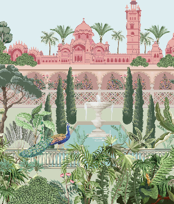 Verdunkelungsrollo mit Schlossmotiv und Gartenbild