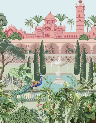 Verdunkelungsrollo mit Schlossmotiv und Gartenbild
