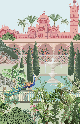 Verdunkelungsrollo mit Schlossmotiv und Gartenbild