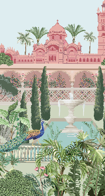 Verdunkelungsrollo mit Schlossmotiv und Gartenbild