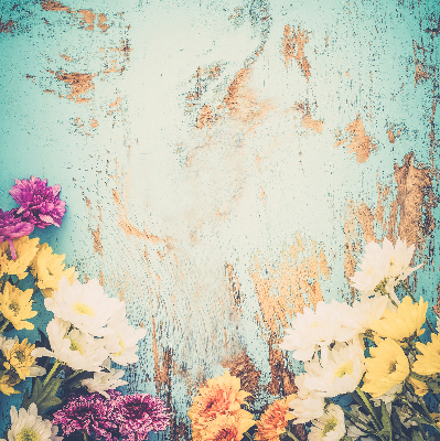 Rollo lichtundurchlässig mit Blumenmotiv auf blauem Hintergrund