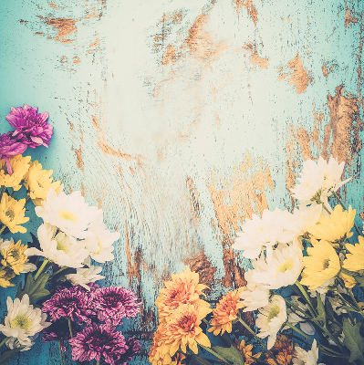 Rollo lichtundurchlässig mit Blumenmotiv auf blauem Hintergrund