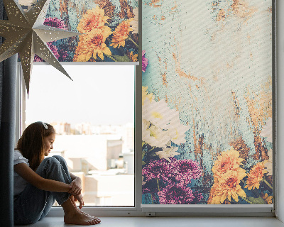 Rollo lichtundurchlässig mit Blumenmotiv auf blauem Hintergrund