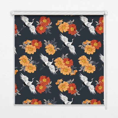 Fenster Rollo mit Blumen- und Kranichmotiv