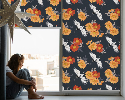Fenster Rollo mit Blumen- und Kranichmotiv