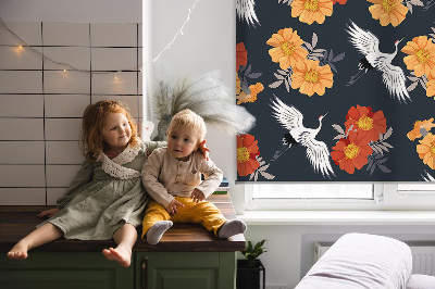 Fenster Rollo mit Blumen- und Kranichmotiv