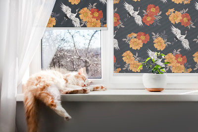 Fenster Rollo mit Blumen- und Kranichmotiv