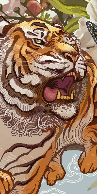 Verdunkelungsrollo mit Tiger- und Blumenmotiv