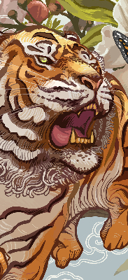 Verdunkelungsrollo mit Tiger- und Blumenmotiv