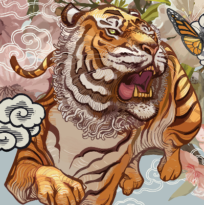 Verdunkelungsrollo mit Tiger- und Blumenmotiv