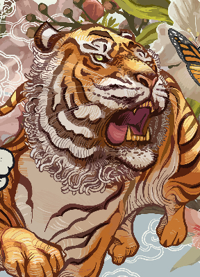Verdunkelungsrollo mit Tiger- und Blumenmotiv