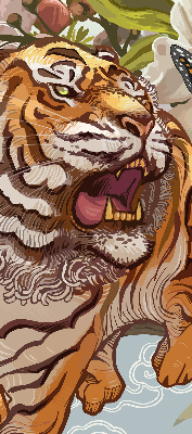 Verdunkelungsrollo mit Tiger- und Blumenmotiv
