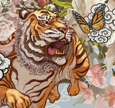 Verdunkelungsrollo mit Tiger- und Blumenmotiv