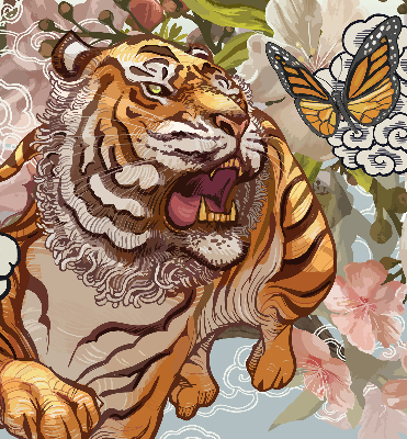Verdunkelungsrollo mit Tiger- und Blumenmotiv