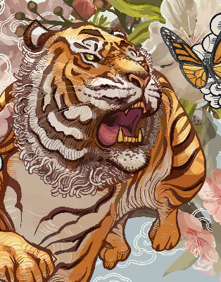 Verdunkelungsrollo mit Tiger- und Blumenmotiv