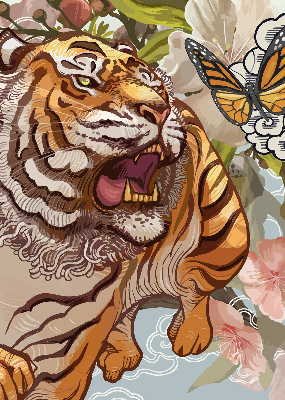 Verdunkelungsrollo mit Tiger- und Blumenmotiv