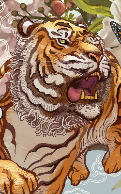 Verdunkelungsrollo mit Tiger- und Blumenmotiv