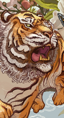 Verdunkelungsrollo mit Tiger- und Blumenmotiv